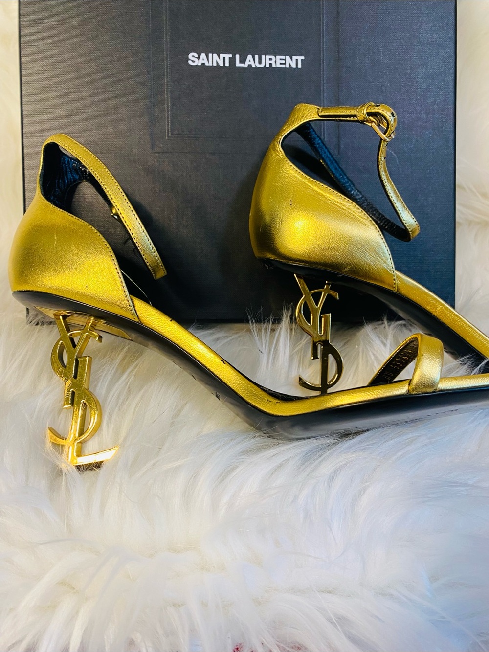 Saint Laurent Metallic Gold YSL Logo Ankle-Strap Heels